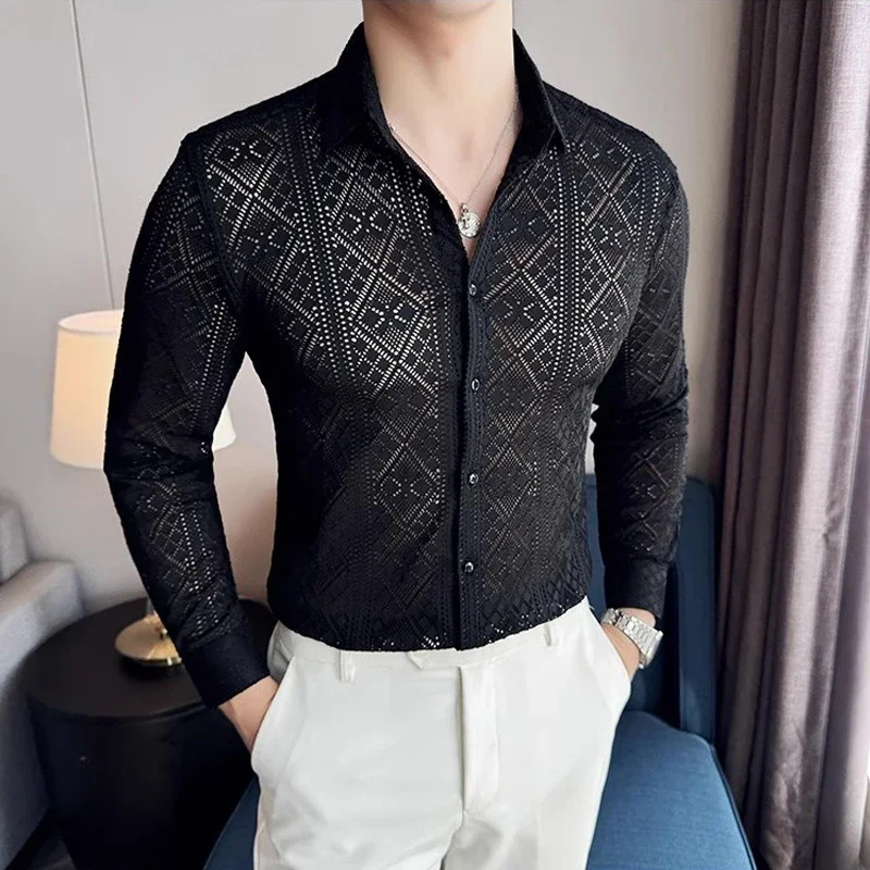 

Mesh Lace Shirts for Men Sexy Solid Lapel Hollow Out Long Sleeved Mens See Through Shirt Fashion Handsome Club Party Blouse Men