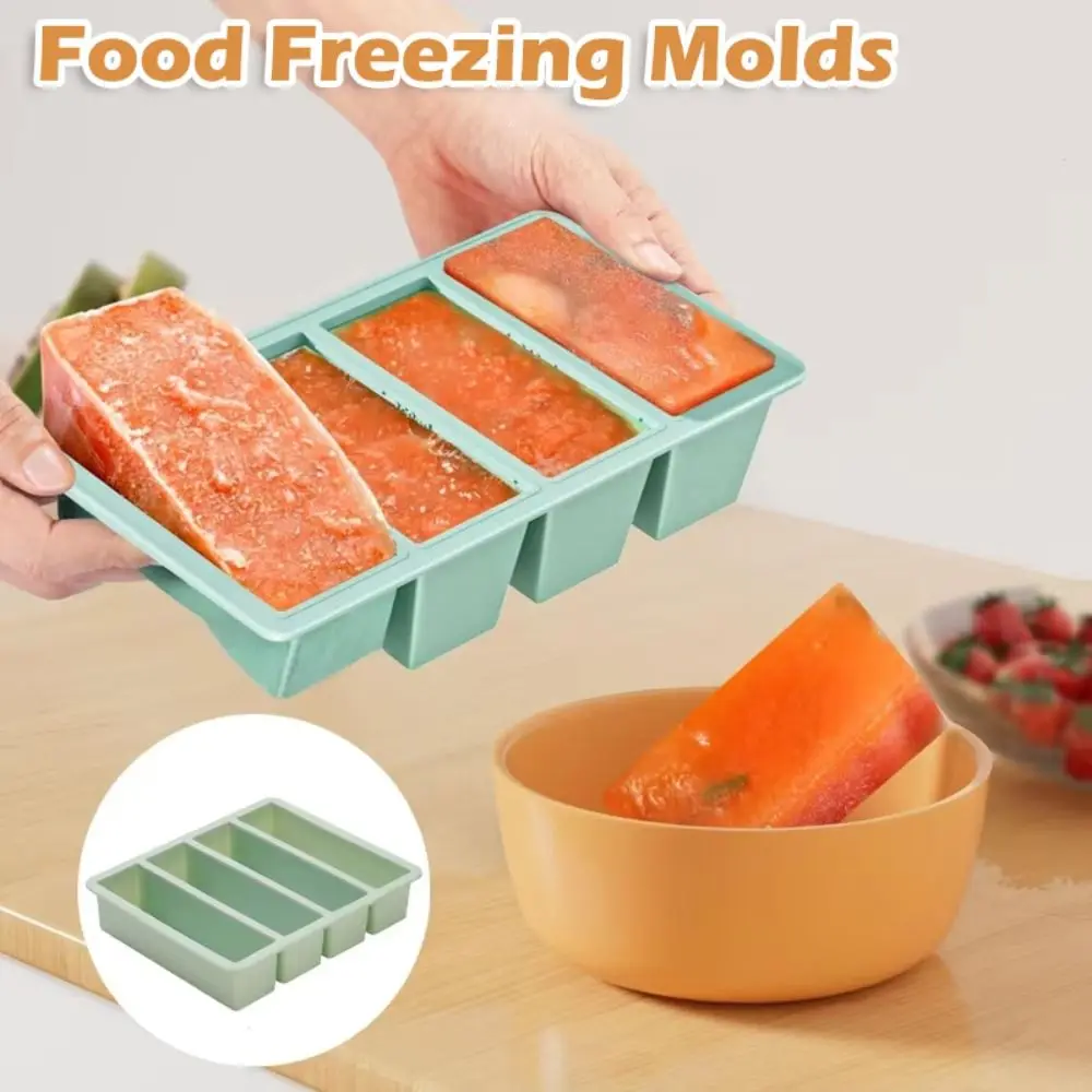 Durable 4 Grids Food Freezing Molds Silicone Extra Large Food Sauce Storage Reusable with Lid Freezer Trays