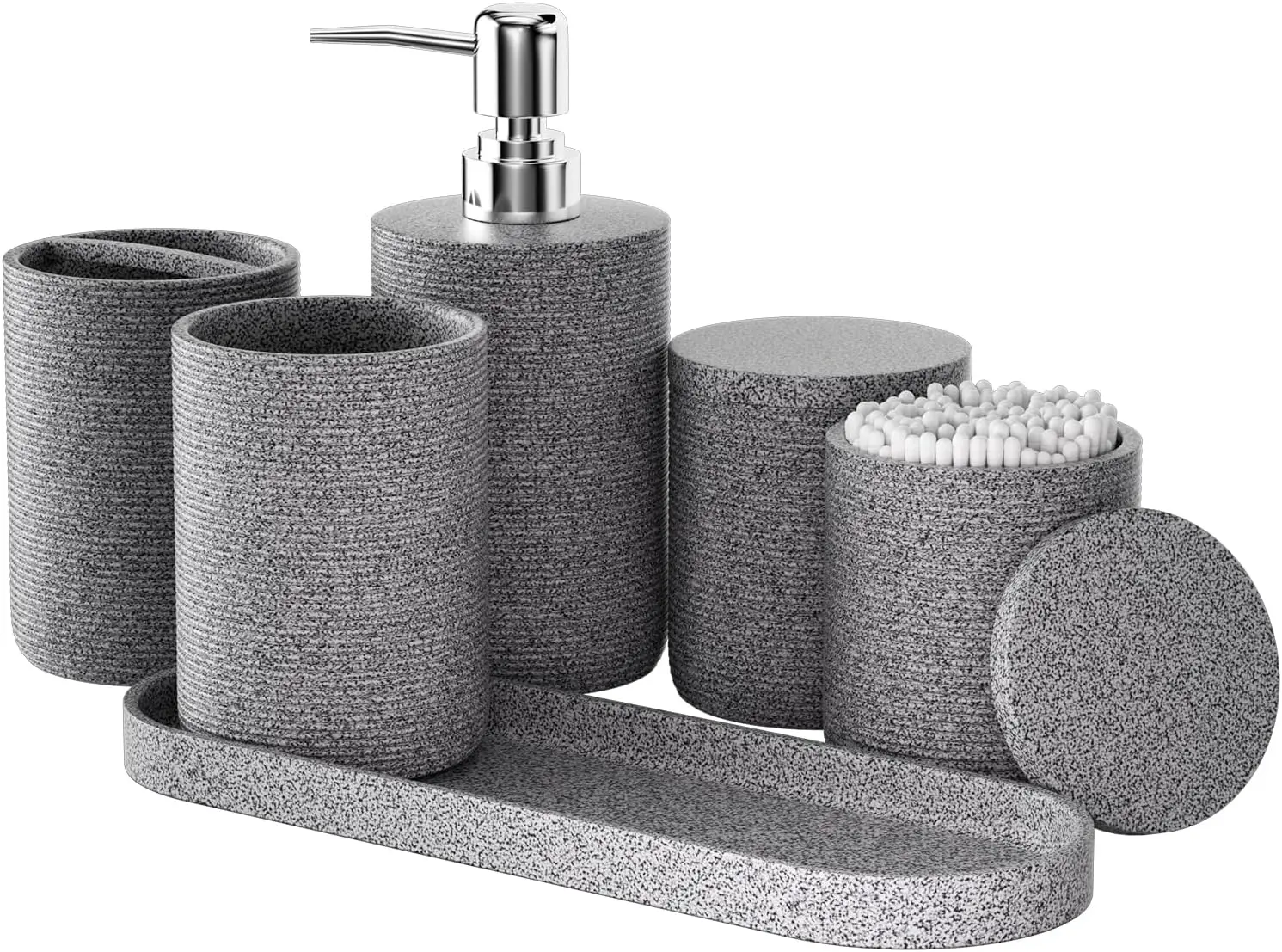 

6-Piece Bathroom Accessory Set Resin, Gray Bath Accessories Complete with Toothbrush Holder, Lotion Soap Dispenser, 2 Qtip Holde