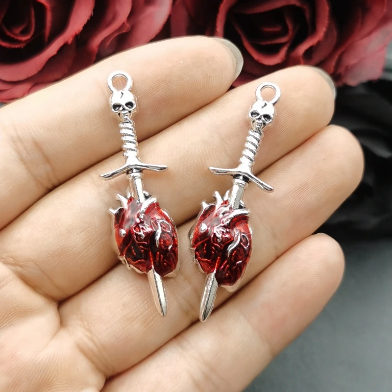 6Pcs Punk Gothic Skull Sword Charm Pendant Sword Piercing Heart Pendant  Red Enamel DIY Handmade Jewelry Making Accessories