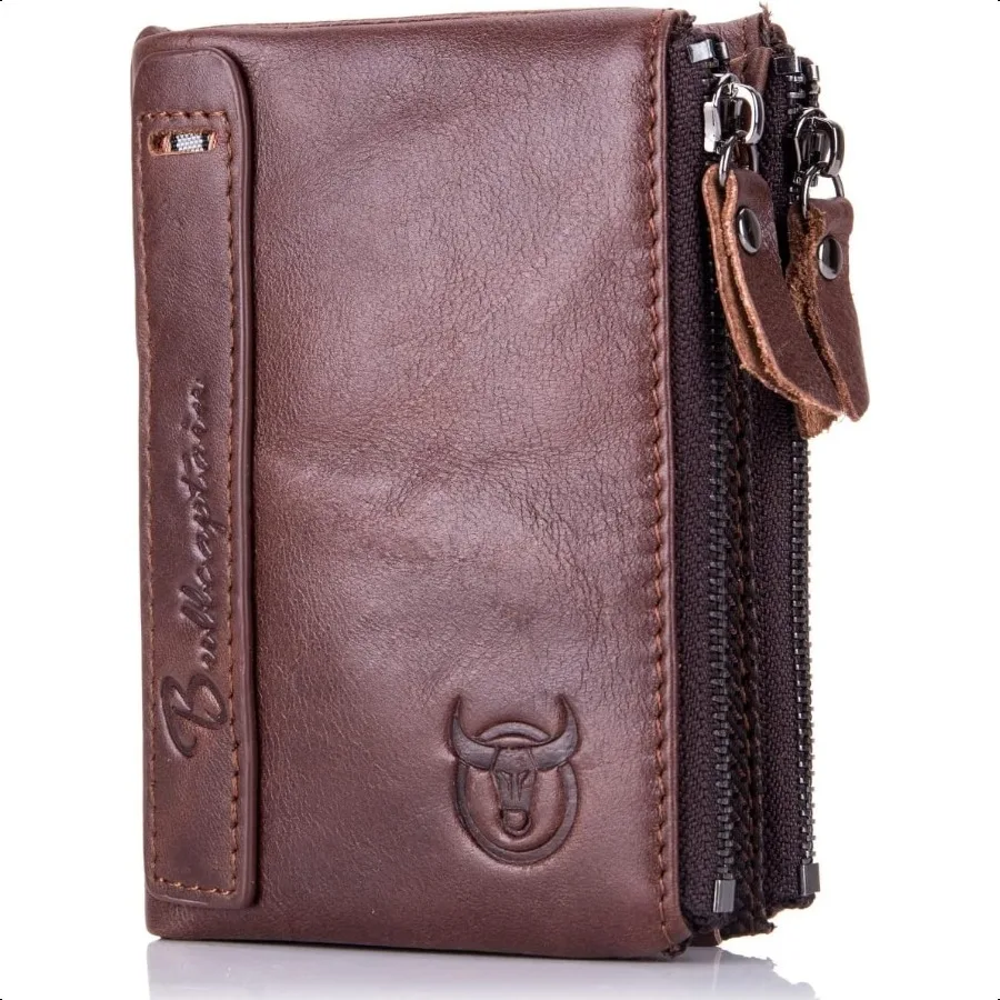 

BULLCAPTAIN Genuine Leather Wallet for Men Bifold Double Zipper Coin Purse Coffee