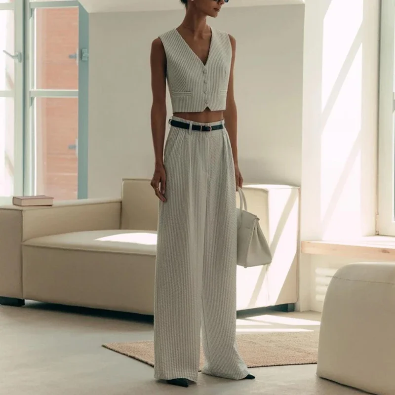 

Fashion Office Lady Striped White Sleeveless Vest V-neck Single-breasted Straight Pant High Quality Suit 2025 New in Spring
