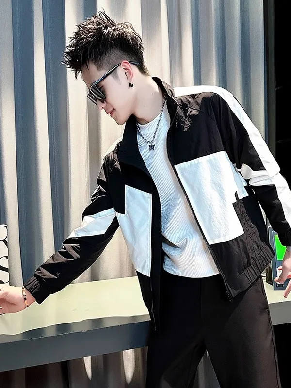 جاكيت رجالي كاجوال بياقة عالية، تصميم عصري بألوان متباينة، ملابس خارجية أنيقة للربيع، إصدار جديد من نسيج البوليستر