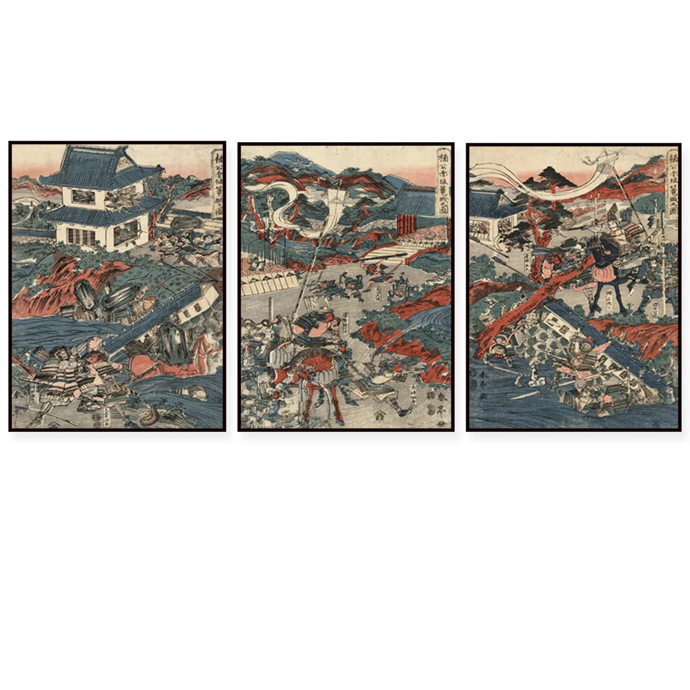 Samurai Triptych Japanese Battle Scene Vintage Japanese Illustrations Japanese Warriors Posters  Battle Scene Ukiyo-e Prints
