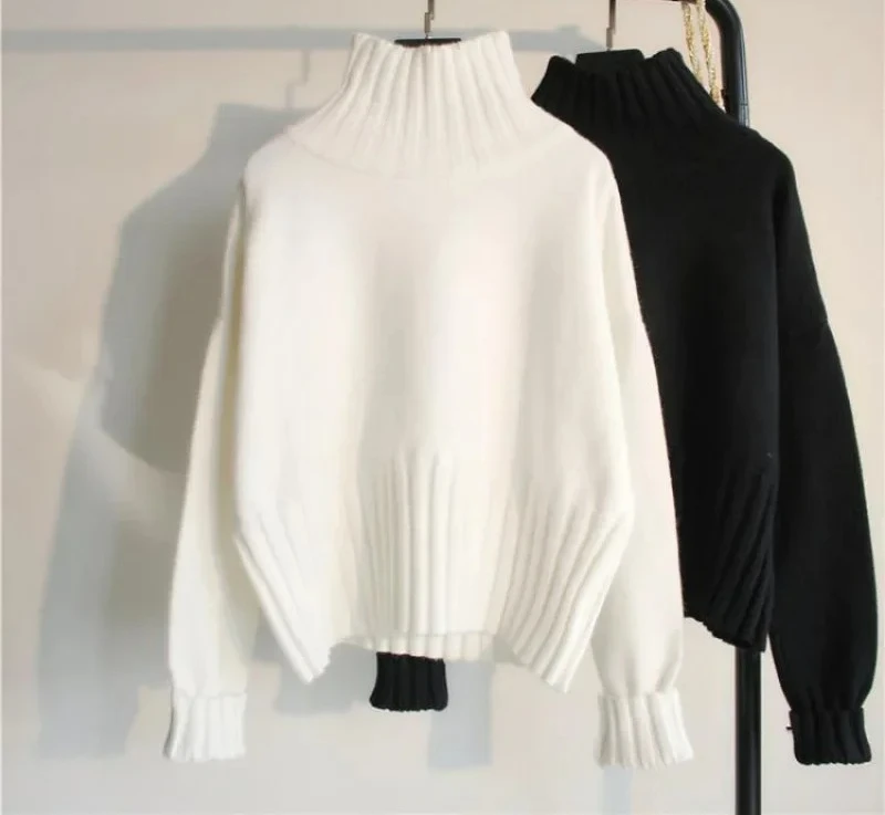 

Женский свитер с высоким воротником и рукавами, милый свежий стиль, ленивый модный трикотаж, базовая рубашка, белая осенняя зима