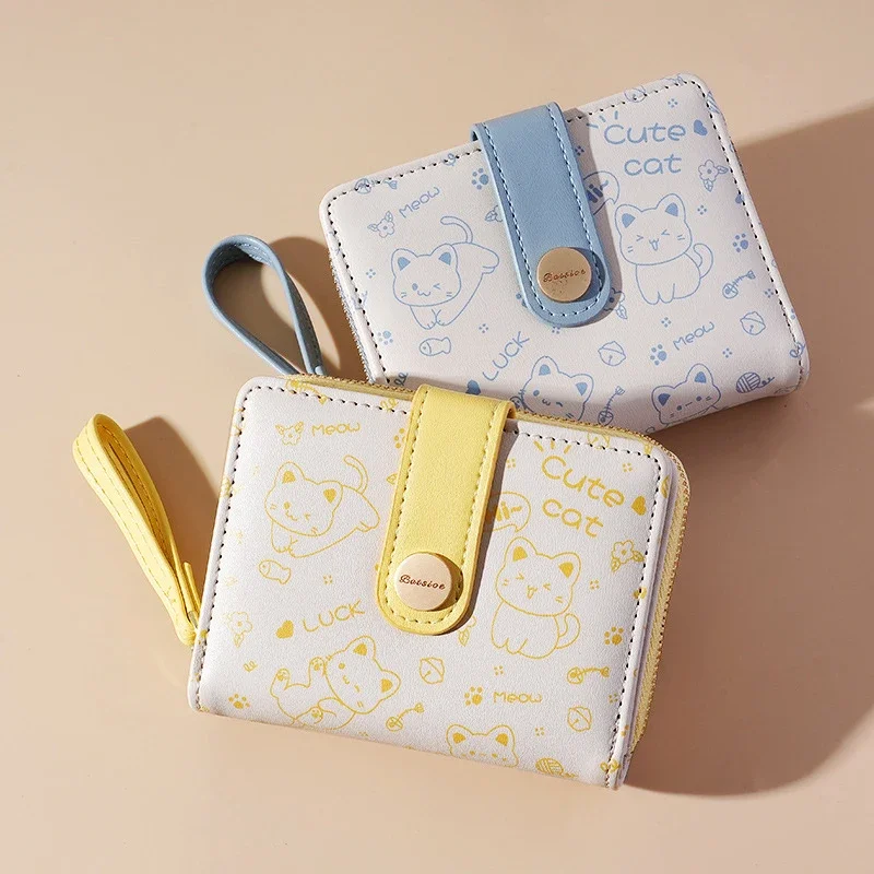 Japanese Cute Cat Girls Wallet Short Student ID Bank Card Holder Money Bag Zipper Wallets For Women Key Storage Purse Coin Purse image 2