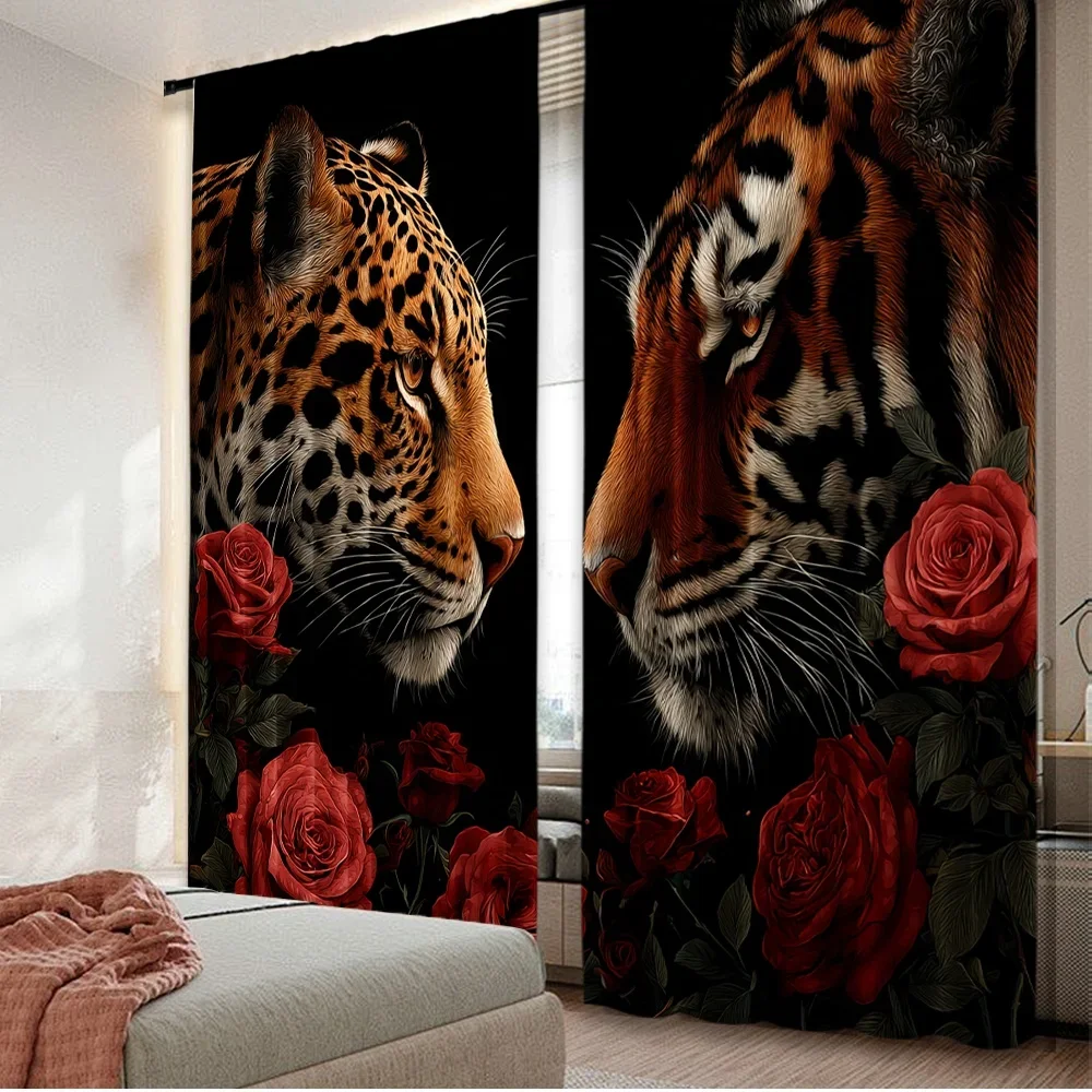 

2D flat printing 2pcs Window Curtains Leopard and Tiger Roses Digital Printed Polyester Drapes Family Party Use for Bedroom