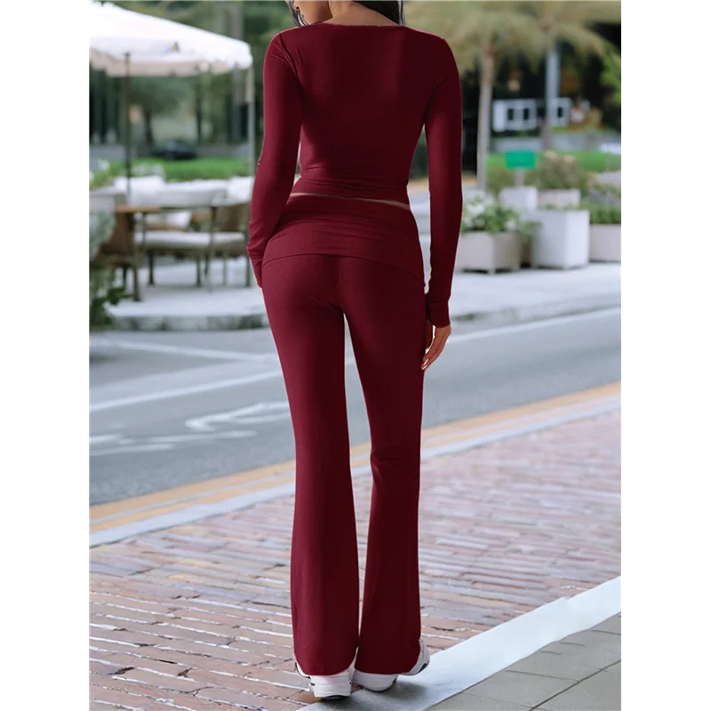 

【Party-Decoration】Women's Workout 2 Piece Lounge Sets Long Sleeve Tops Foldover Flare Pants Casual Outfits Tracksuit