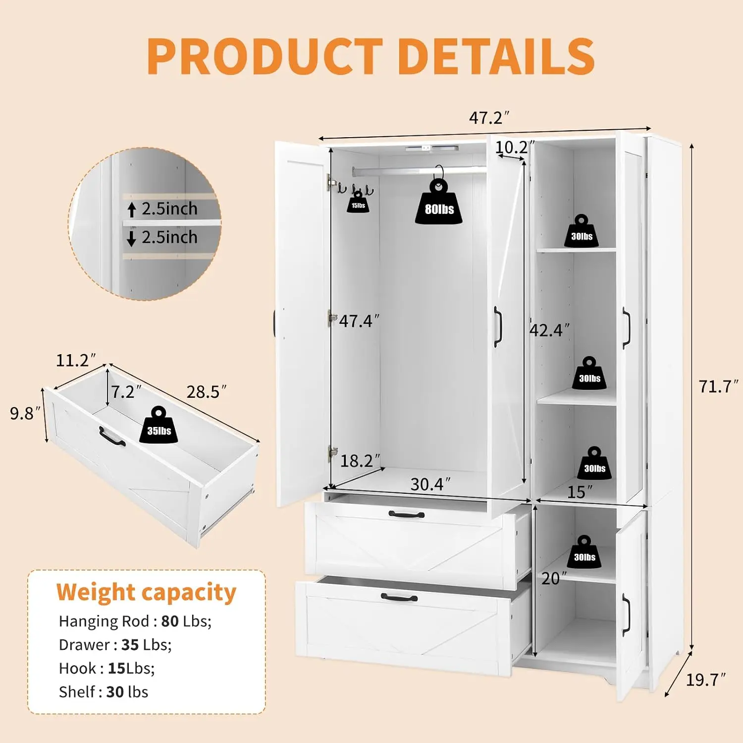 72'' Armoire Wardrobe Closet with Mirror Door & Light, Farmhouse Bedroom Clothes Cabinet with 4 Doorrs + Hanging, Customized
