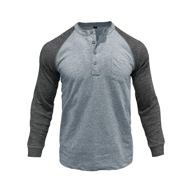 

Men's Round Neck Long Sleeve Henley Bottoming Shirt American Tough Guy Retro Button Mens T-shirt Top