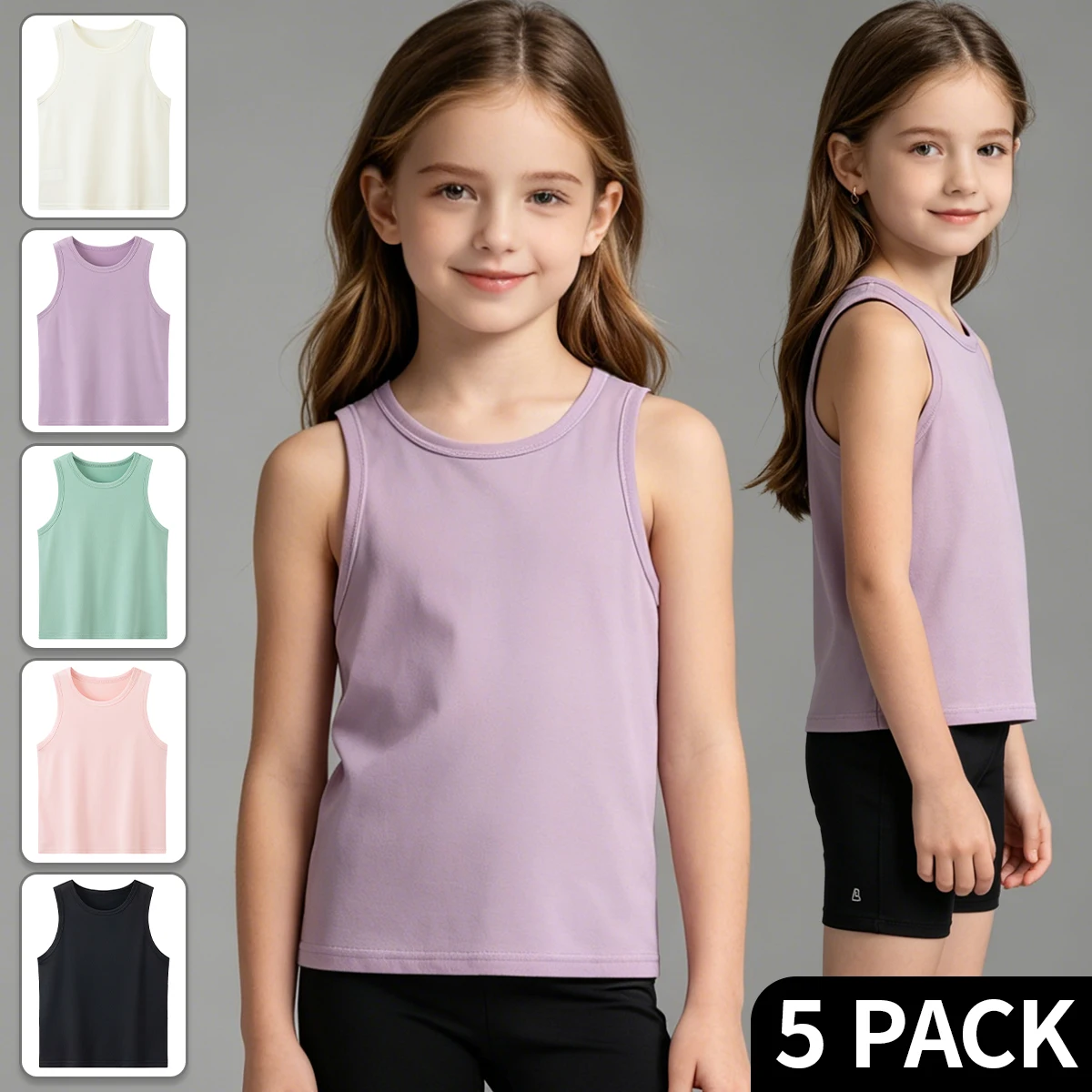 5-piece set of girls' four season multi-color combination vest, comfortable round neck sports base shirt, versatile sleeveless T