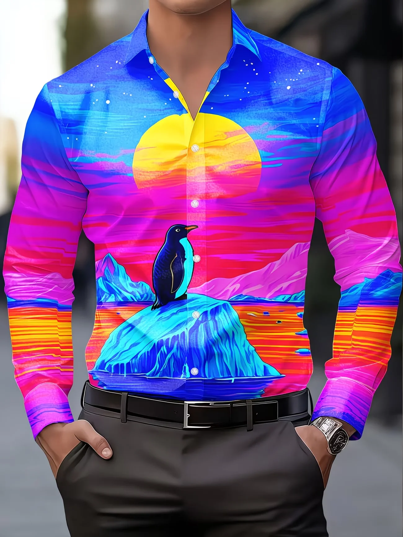 New Purple White Contrasting Geometric Stripe men's Long Sleeved Shirt  Light Luxury Business Style Casual Shirt