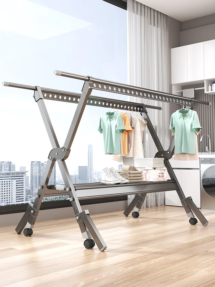 Household folding clothes hanger, floor to floor, indoor telescopic double pole quilt drying device, movable balcony, outdoor