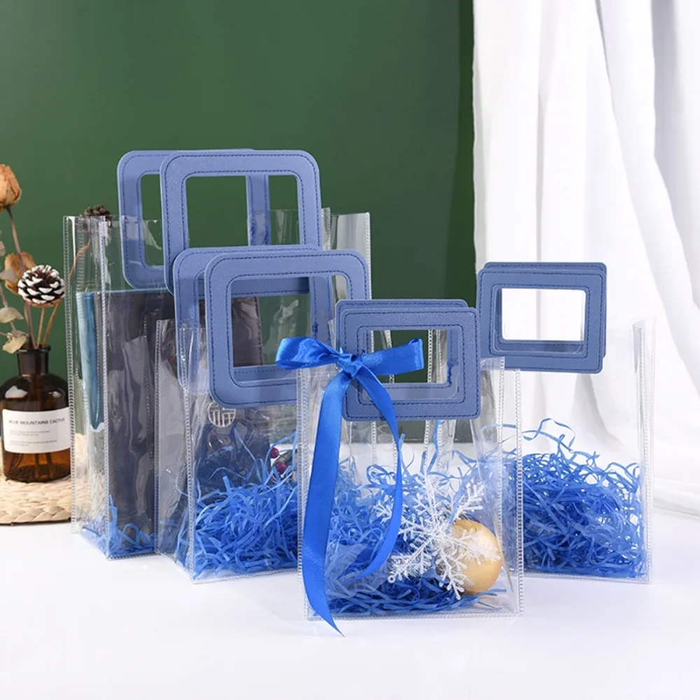 High Quality PVC Clear Tote Bag Blue Square Shape Handle Transparent Shopping Bags Transparent Hand Gift Bag