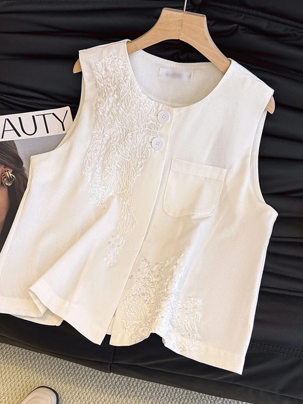 

Ele Embroidered Heavy Work Linen Women's Vest Svel Top round Ne Thin Summer New Sle Faion Sense White Color