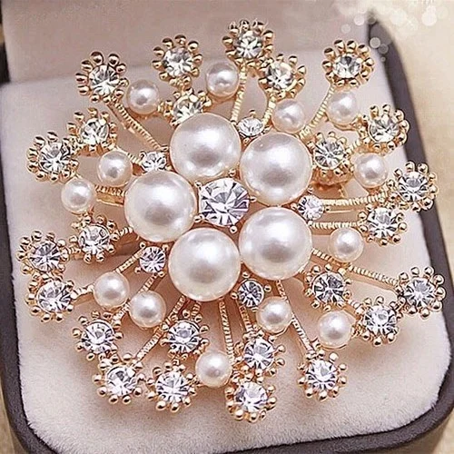 Accesorios de ropa para mujer, broche grande de cristal de perla de copo de nieve, broche de flor exquisita, pin