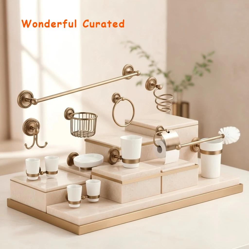 

Antique Brushed Solid Brass Bathroom Accessories Set,Robe hook,Paper Holder,Towel Bar,Soap Basket,Bathroom Fitting Sets