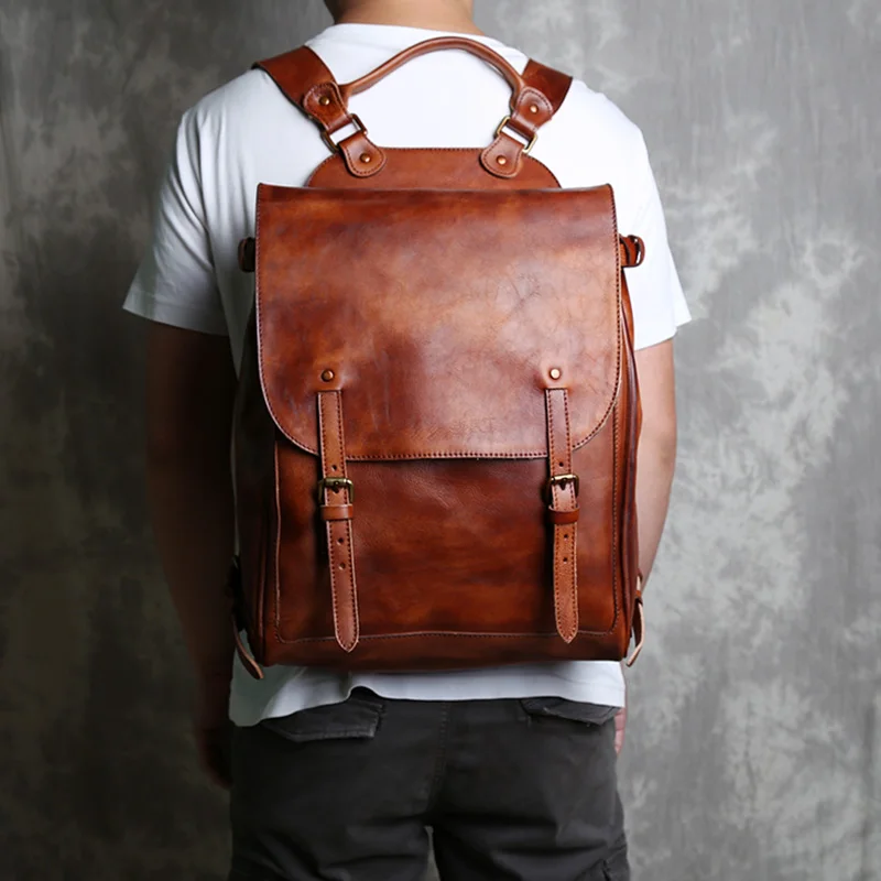 Top Vegetable Tanned Cow Leather Backpack For Men\'s Manual Color Wiping Genuine Leather Large Capacity Leisure Computer Bag