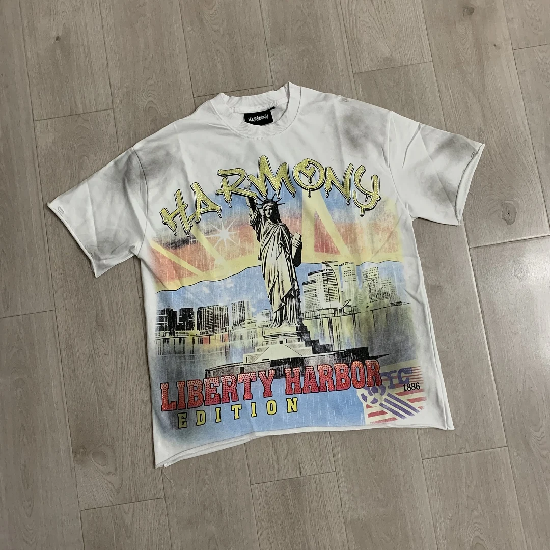 Summer HM Vintage Statue of Liberty Printed Women Men T shirts tees Washed Men Casual Cotton Oversized T shirt