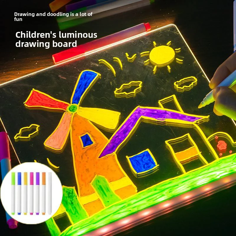 لوحة شفافة LED سحرية للرسم الأكريليكي المضيء، لوحة ملاحظات، هدية ألعاب تعليمية للأطفال، مع حامل، مع 7 أقلام تحديد ألوان #1