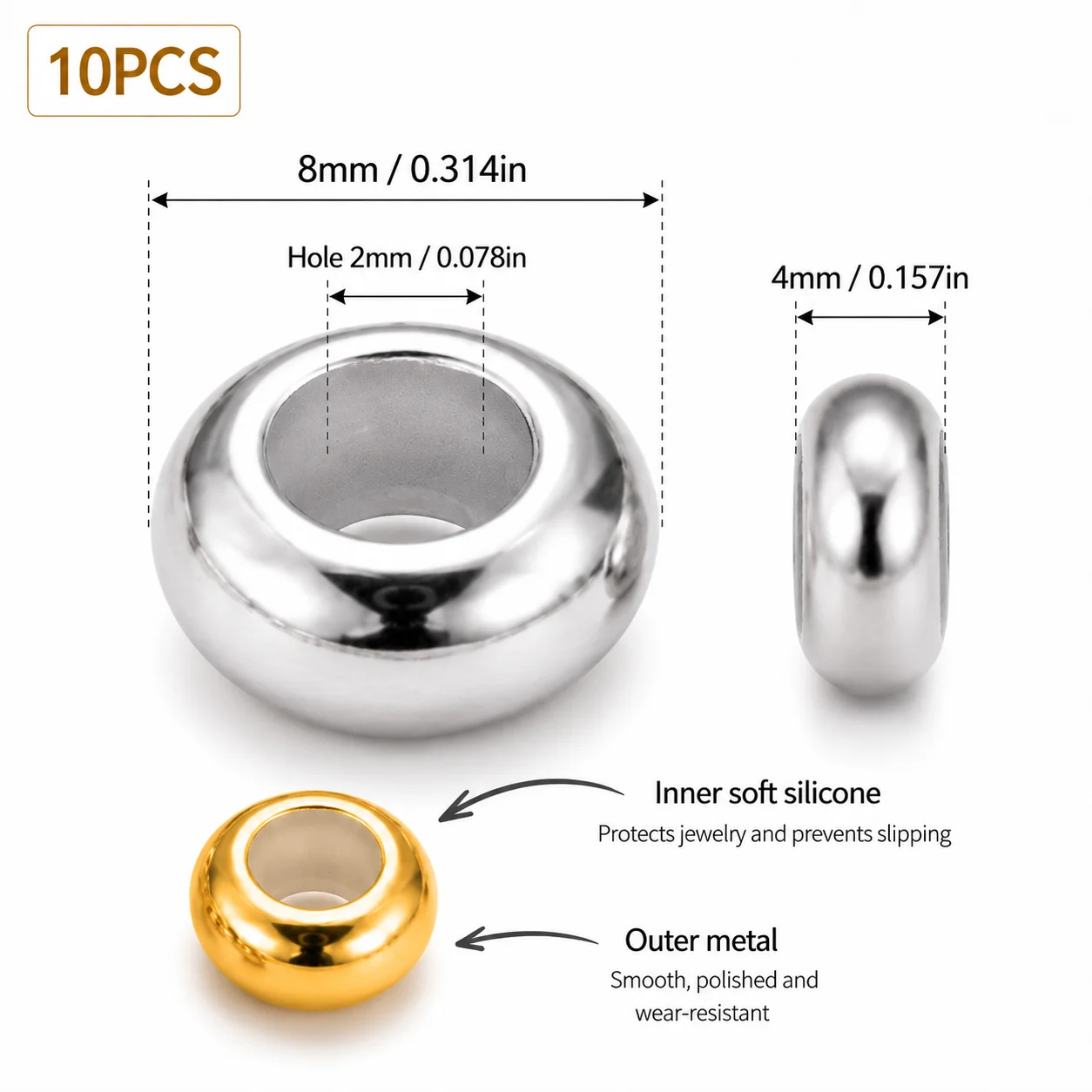 Metal Beads With Soft Silicone Insert Golden Silvery Spacer Beads DIY Adjustable Jewelry Making 10Pcs 8×4mm Positioning Beads