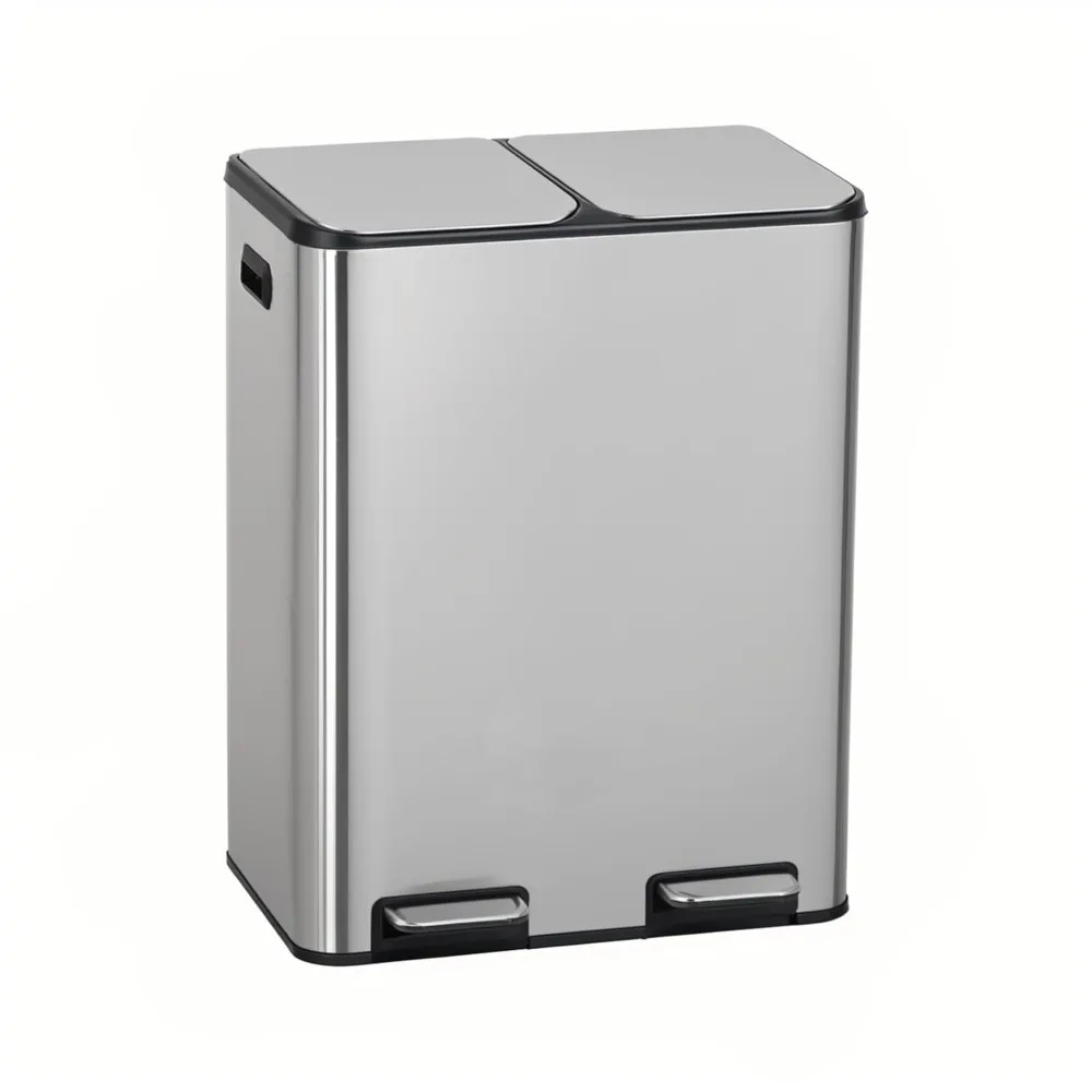 60 Liter / 16 Gallon Dual Compartment Stainless Steel Kitchen Trash Can,Hands-Free Step Trash Bin with Soft-Close, Waste Bins