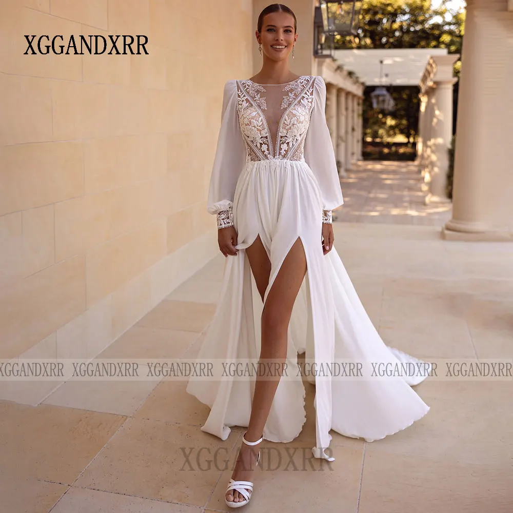 Vintage Brautkleider A-Linie Böhmen Brautkleider Lange Puffärmel Roben Hoher Schlitz Charmante Vestidos De Novia Maßgeschneidert 2026