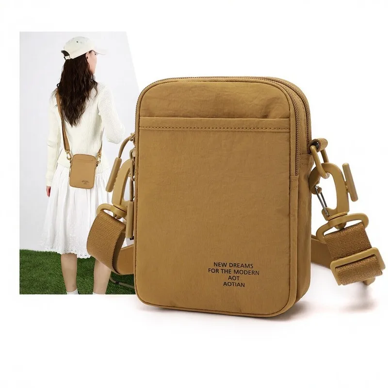 Unisex Khaki Oxford Cloth Crossbody Bag with Wide Strap Minimalist Nylon Messenger Shoulder Bag for Daily Travel