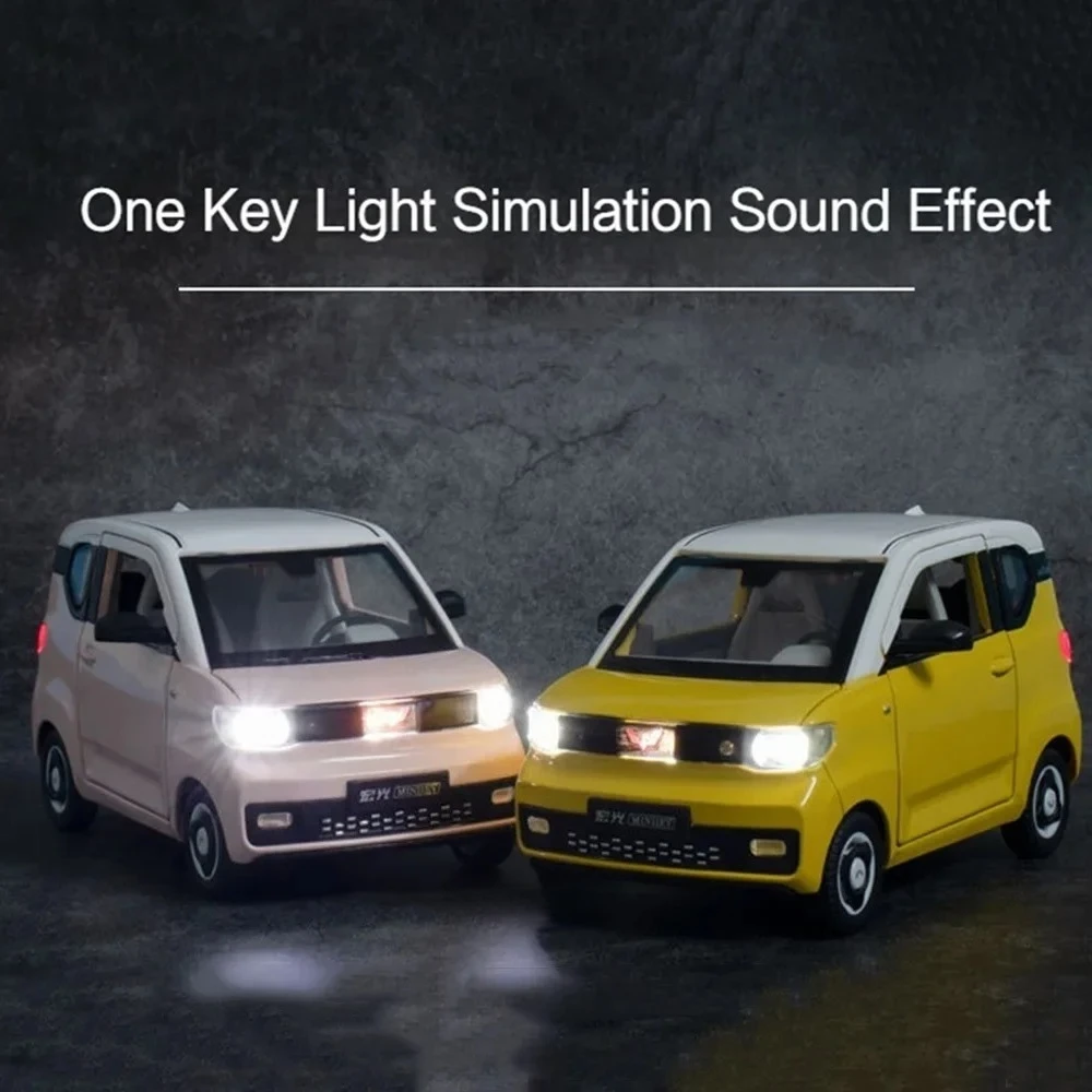 1:24スケール 五菱ミニEV おもちゃ モデルカー ライトとサウンド付き ゴムタイヤ 車両 ホイールプルバックカー おもちゃ 幼児 子供向けギフト