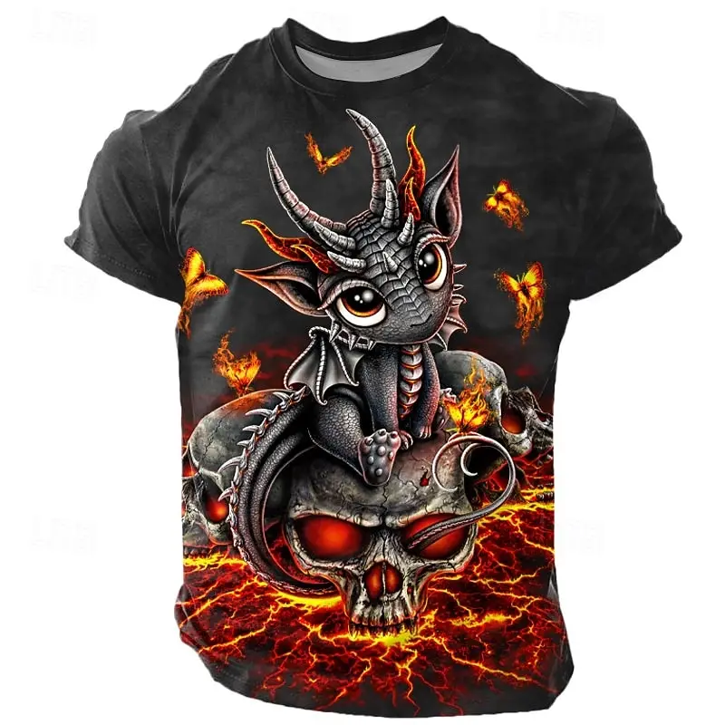 Men Cute Baby Dragon Red Skull Lava Crack 3D Print Short Sleeve T Shirt Fire Butterfly Graphic Casual Tops