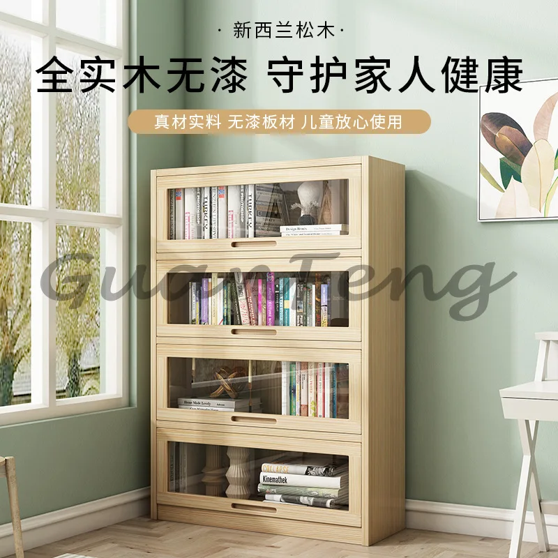 Pine bookshelf All solid wood  shelf  locker Plexiglass door Mobile free combination bookcase