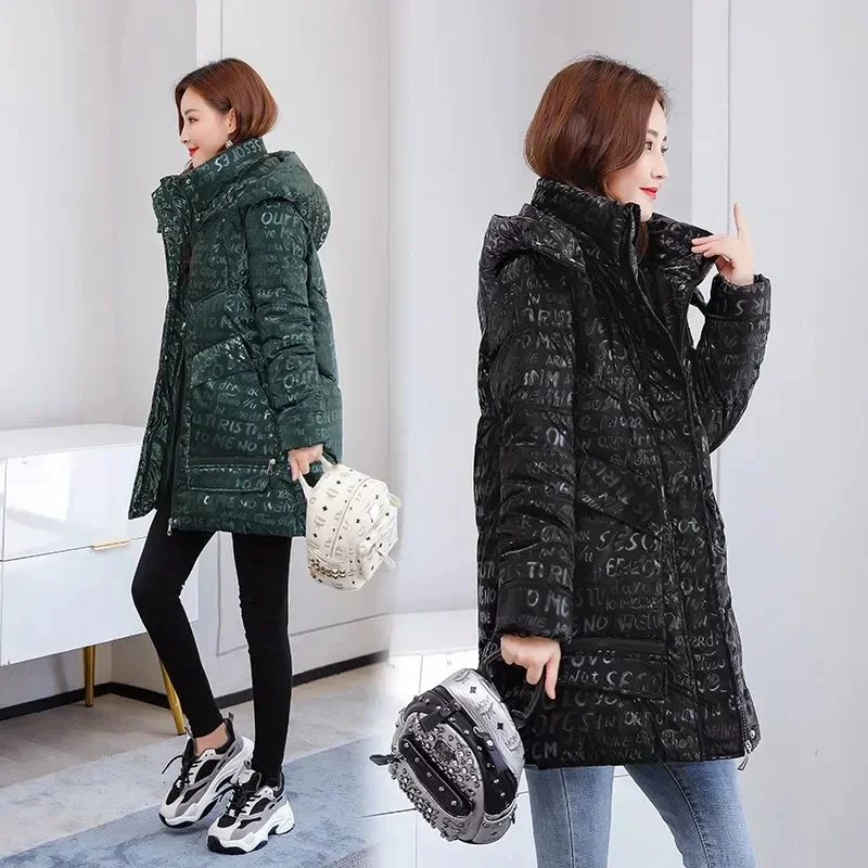 

Down Cotton Jacket Women 2022 Autumn Winter New Fashion Loose Warm Padded Coat Female Large Size Hooded Printing Long Parkas