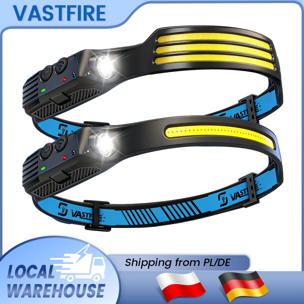 Lampada frontale a LED COB con batteria integrata da 1000 mAh, ricaricabile tramite USB, con sensore di movimento, ideale per attività all’aperto, campeggio, pesca.