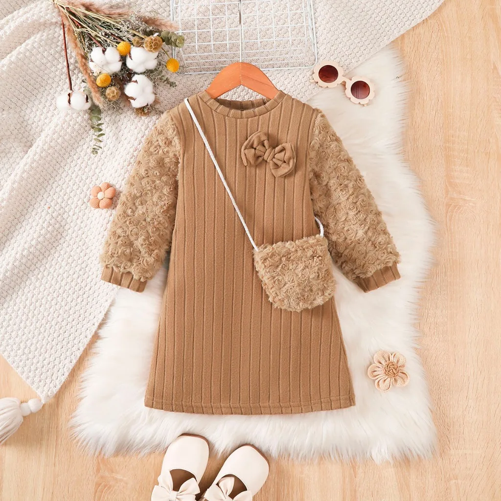 Girls Autumn and Winter Brown Long Sleeved Dresses Cute Plush Sleeves Design+Crossbody Bag Dress Suit for 4-7 Year Child Girl