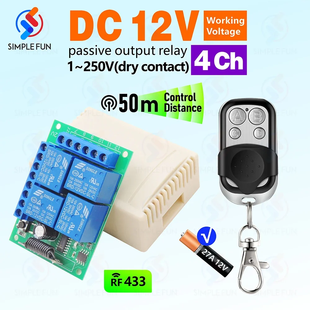 

4 Channels Universal Remote Control Switch DC 12V RF Relay Receiver,50m Transmitter,for Light/Garage/Curtain/Motor DIY