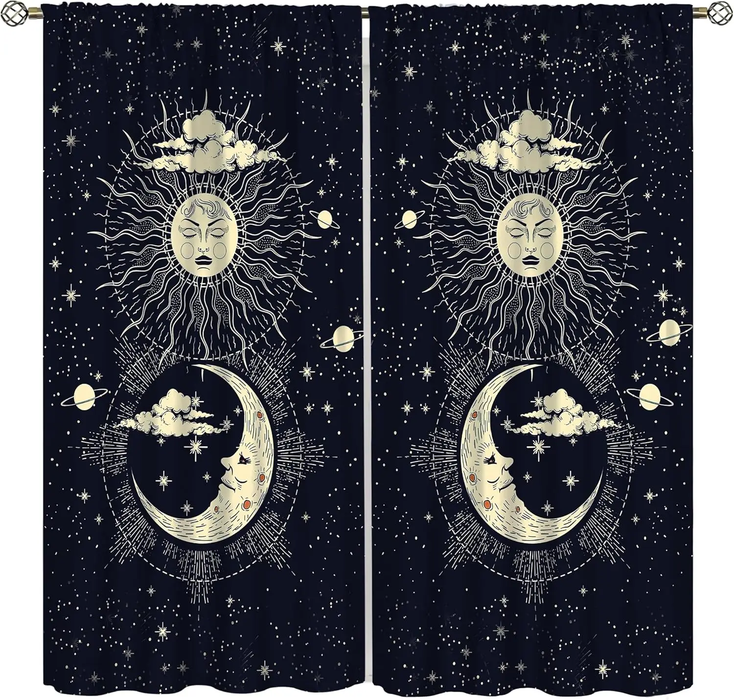 Sun Moon Curtains, Starry Sky Sun Moon Celestial Boho Theme Pattern, Blackout Noise Reduction Curtains for Bedroom Living Room