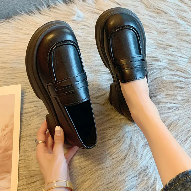 Women's Leather British Style Black Thick-Soled Loafers Slip-On Round Toe Clogs Platform JK Uniform Single Shoes
