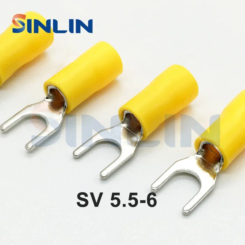 500PCS Crimp Terminal SV 5.5-6 AWG12-10 2.63-6.64mm^2 Crimp Fork Spade Yellow Fork Terminal Brass SV5-6