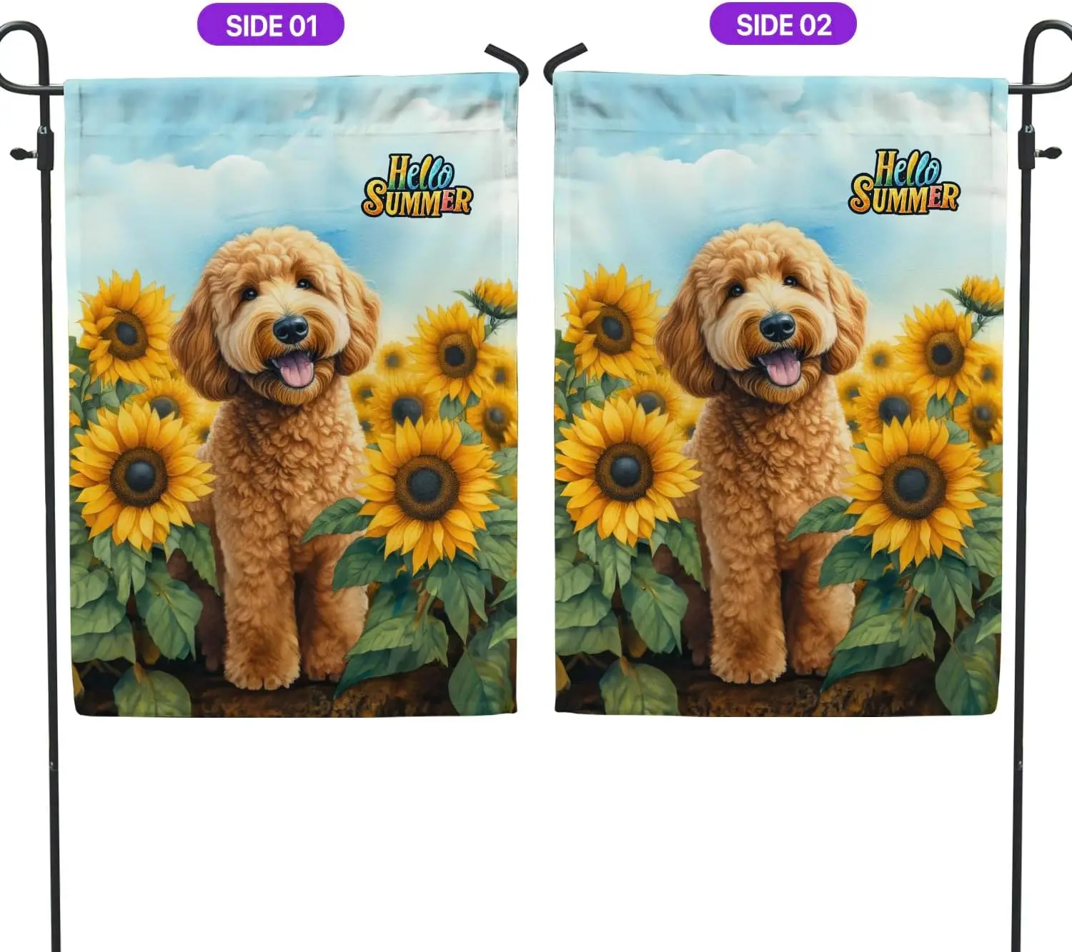 Goldendoodle Hello Summer Sunshine Sunflowers Spring Retro Vintage Garden Flag 12x18in Double Sided Doodle Dog Lover Gifts Idea