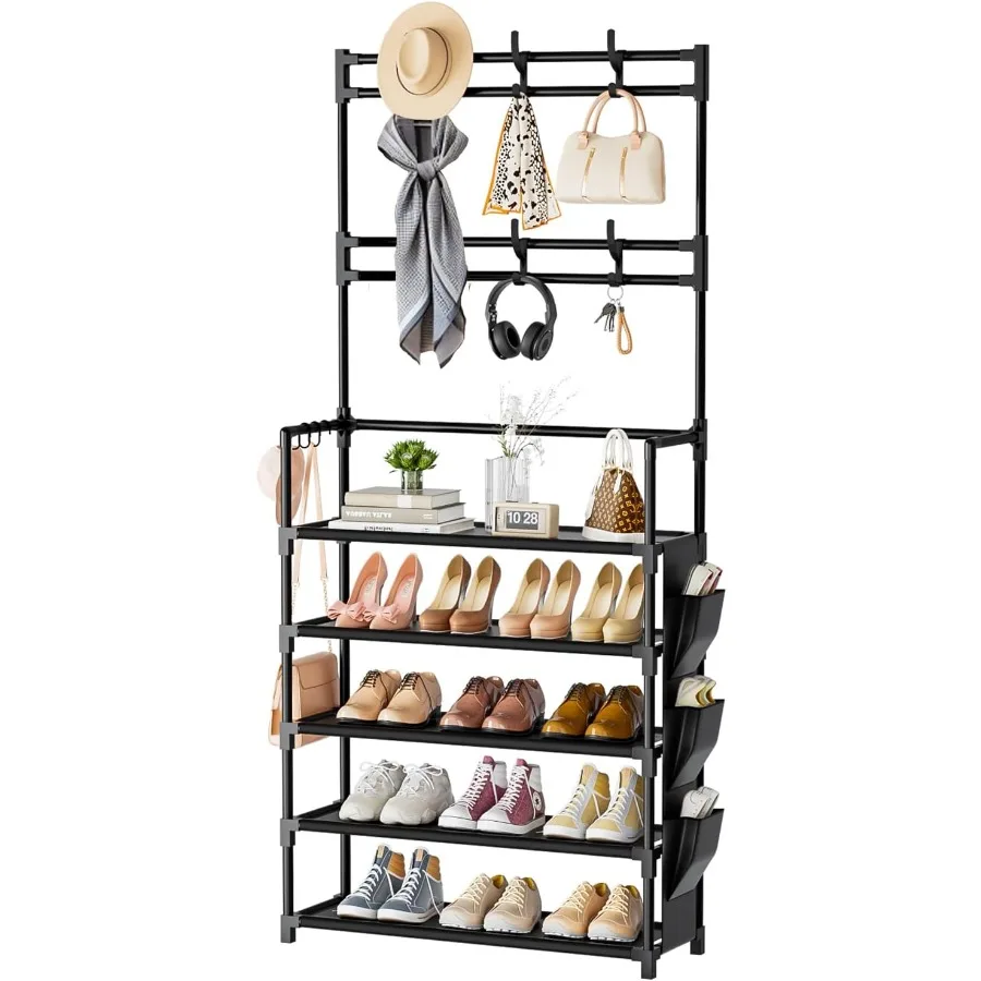 

Shoe Rack 5 Tier Shoe Organizer Storage 1520 Pairs Shoes Rack for Closet Entrance Shoe Rack Organizer with Hooks and Side Pocke