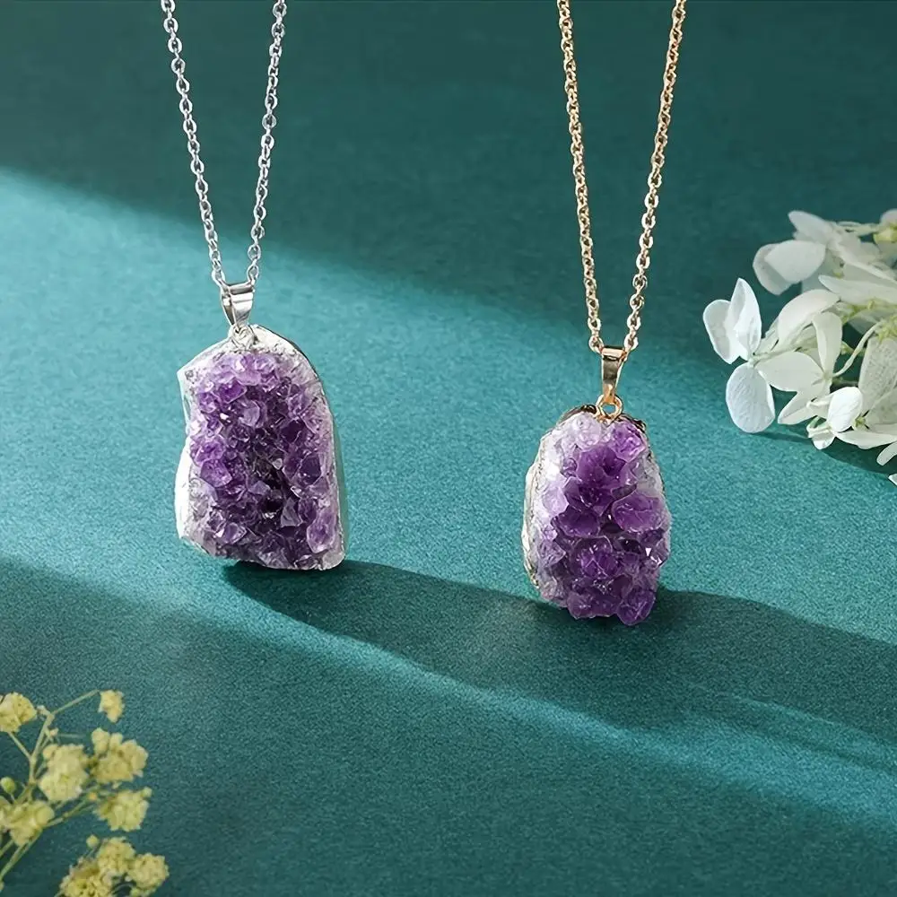 1pc Amethyst Cluster Crystal Necklace for Women Men, Irregular Raw Rough Loose Gemstones Amethyst Quartz Stone Pendant Necklace Jewelry - Creative Gifts for Father, Mother, Friends, Sisters and Grandparents on Valentine's Day, Birthday, Anniversary - view 8