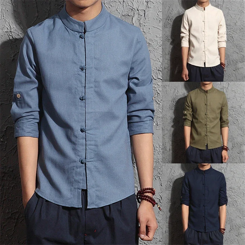 Chinese Men Harajuku Traditional Top Linen Hanfu Shirt Tang Suit 2022 Summer Mens Solid Color Casual Half Sleeve Kung Fu Shirts