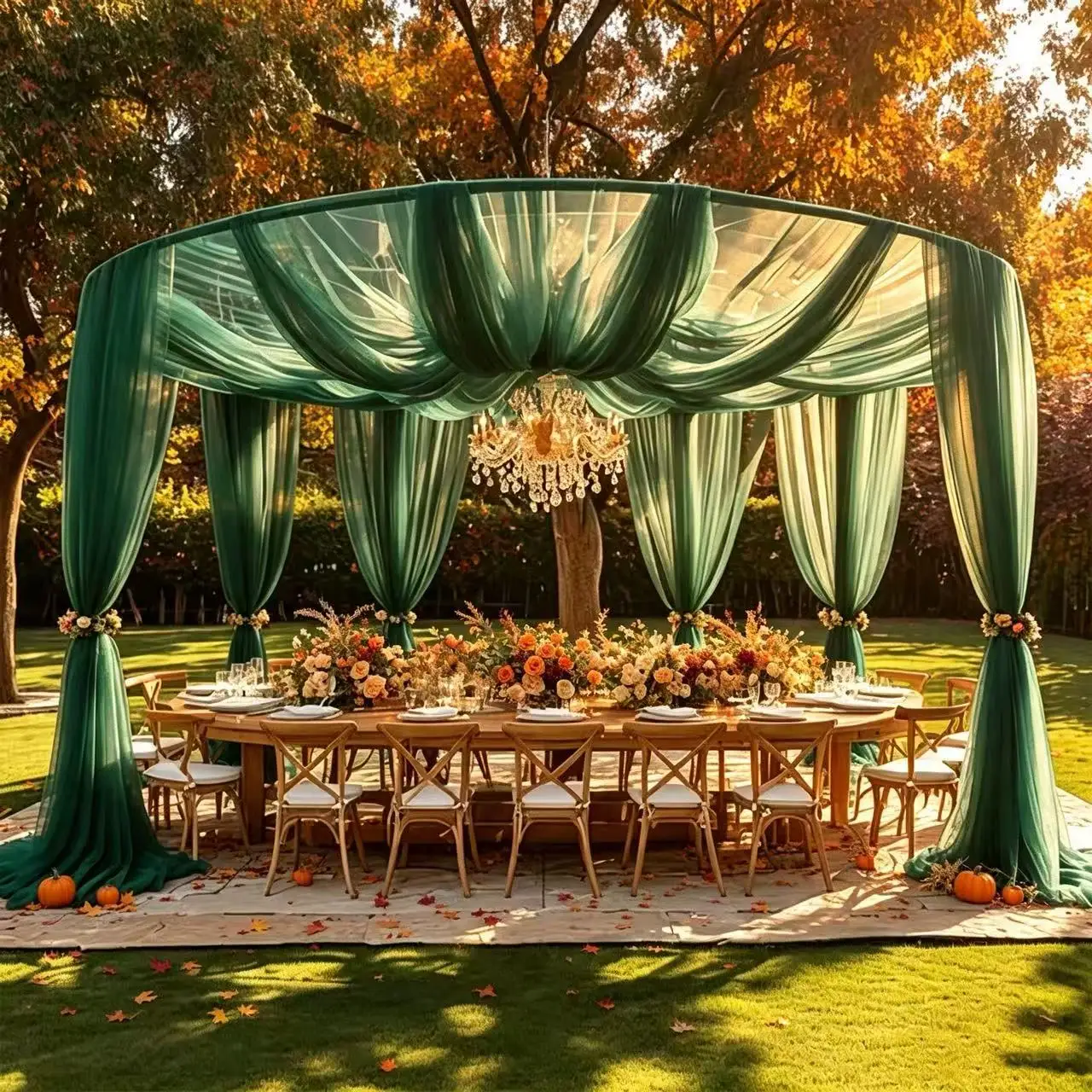 Emerald Green Sheer Tulle Ceiling Canopy Drapes for Grand Ballroom Fall Wedding and Indoor Reception Hall Backdrop Decor