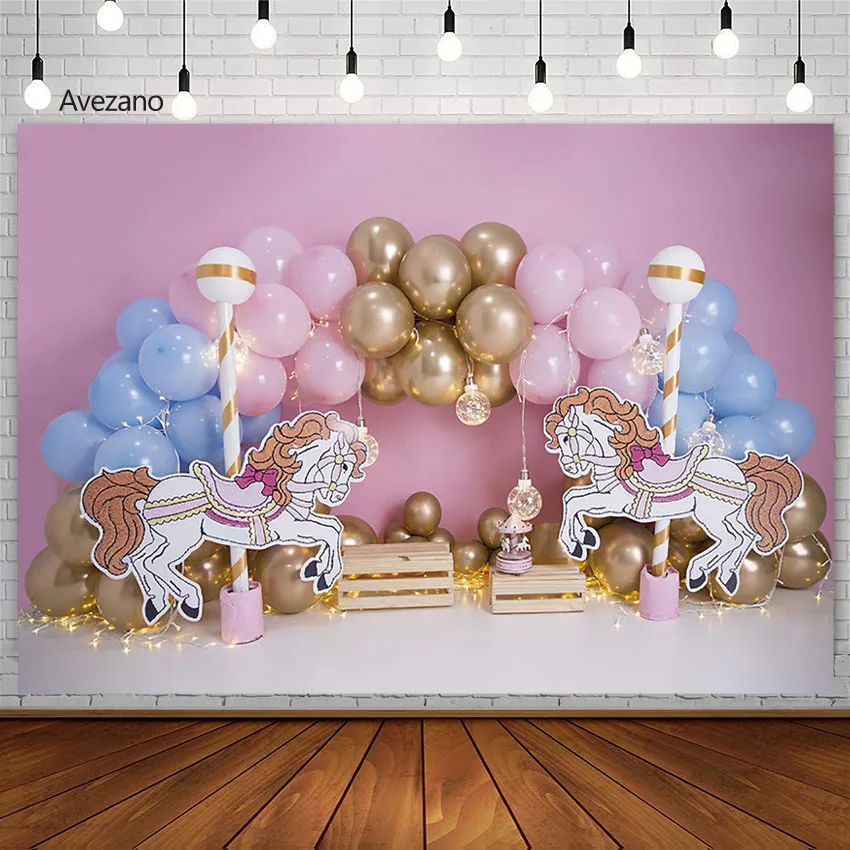 

Avezano Photography Background Carousel Pink Balloon Girl Birthday Party Cake Smash Portrait Backdrop Decor Photo Studio Props