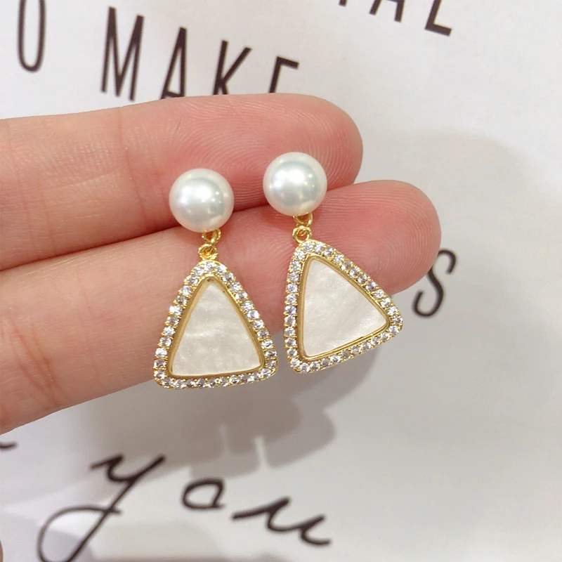 ZHBORUINI New 14K Gold Plated Natural Pearl Earrings 925 Silver Ear Needle Geometric Triangle Stud Earrings For Women Jewelry