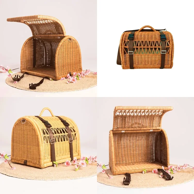 Portable Rattan Cat Carrier Backpack Handheld Travel Cage Breathable Pet Nest for Small Cats Outdoor Walking