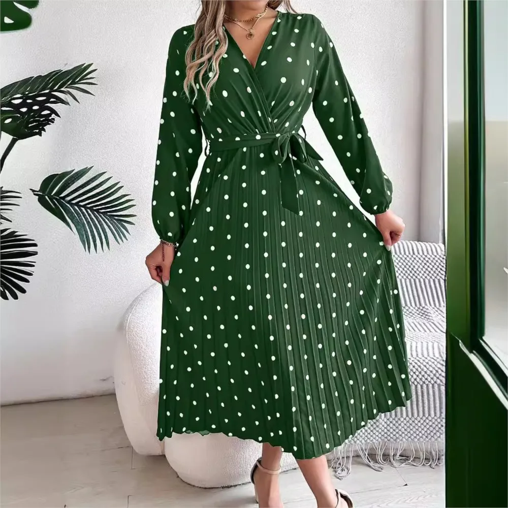 Autumn Winter Elegant Contrasting Wave Dot Cross V-neck Pleated Long Dress 2024 Elegant Women's Lace Up Pullover Big Swing Dress