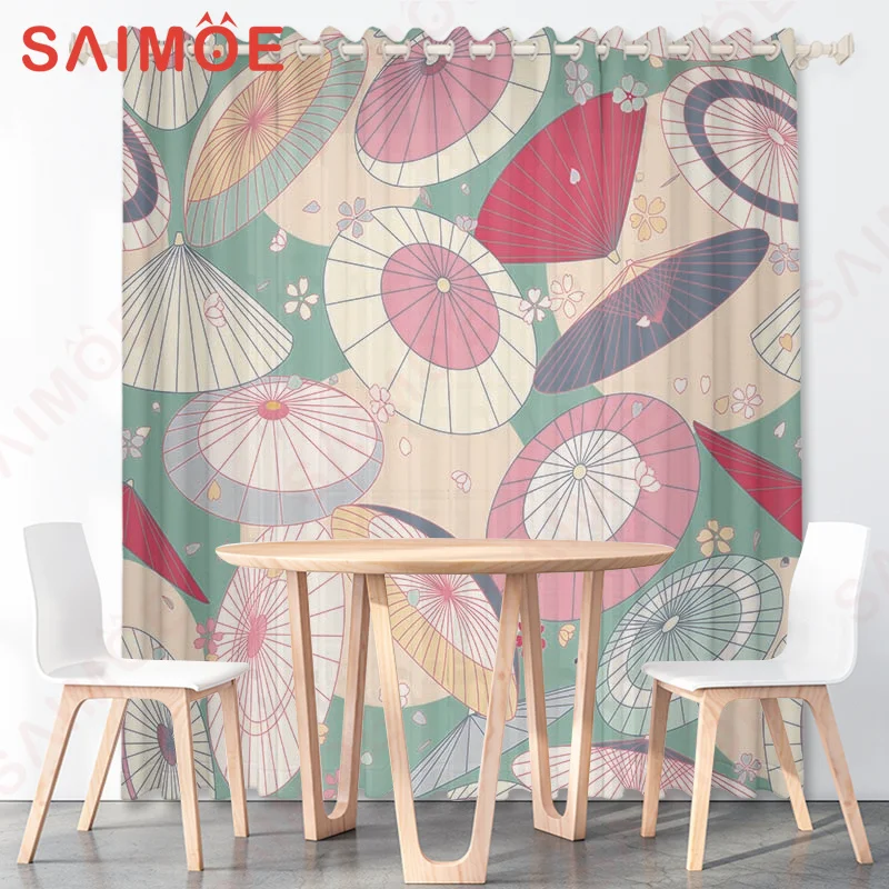 

HD Japanese Style Umbrella Wave Scenery Backgrounds Curtains Colorful Thin Polyester Fabric Office Bedroom Decoration with Hooks