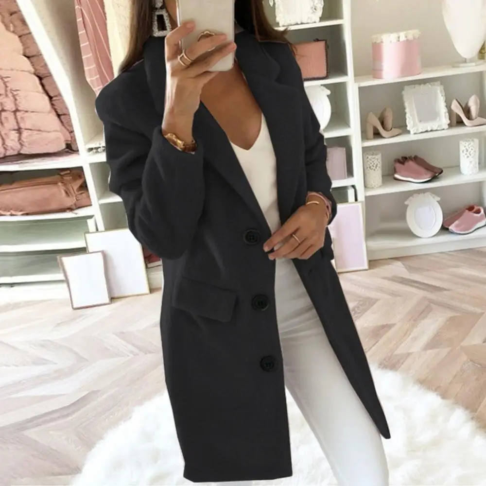 Women Woolen Coat Uit Collar Medium Long Double Row Button Woolen Coat Autumn Winter Long Cardigan Jacket Lady Lapel Jacket Coat