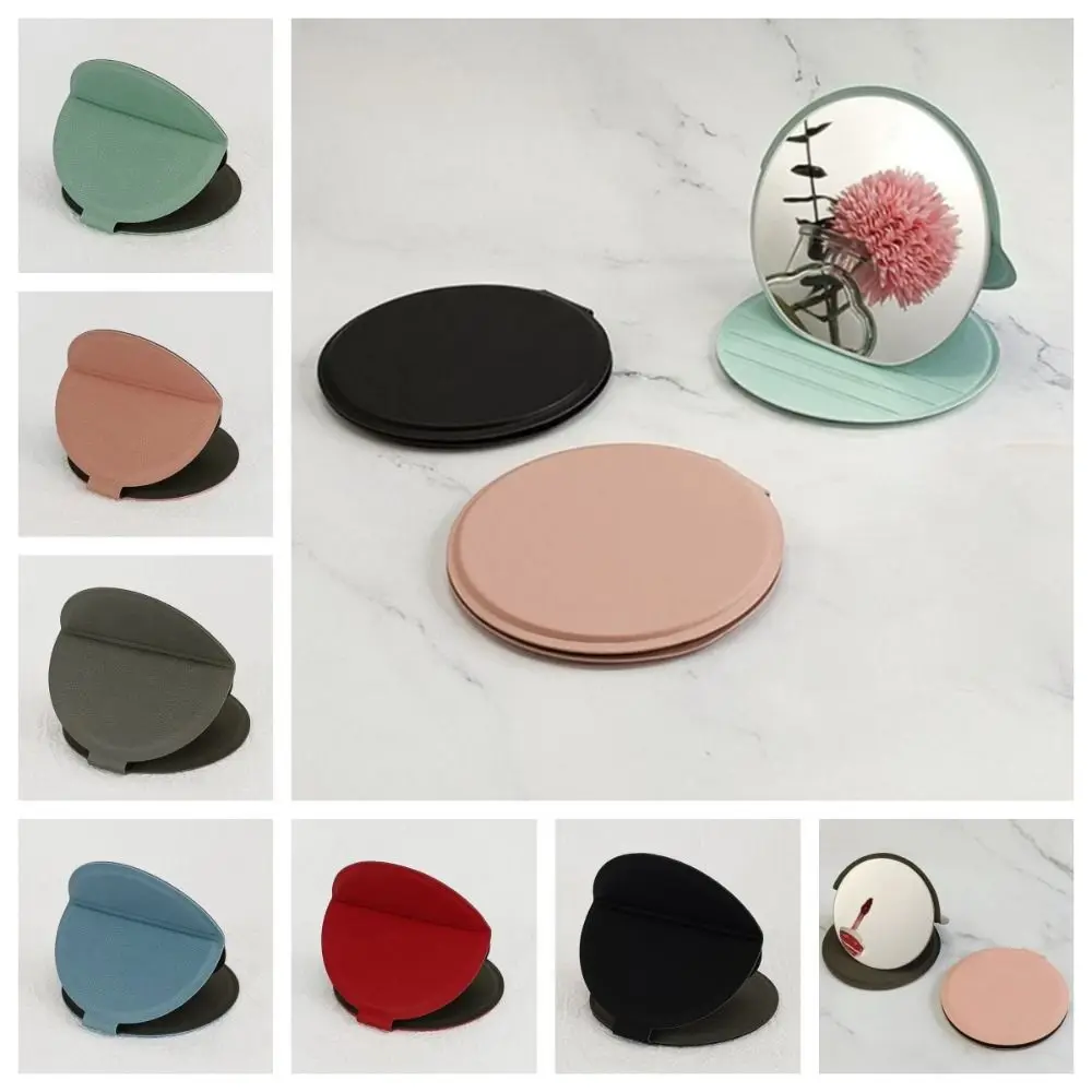 Pu Leather PU Desktop Stand Mirror Delicate Light Weight Circular Folding Makeup Mirror Round Solid Color